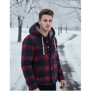 CALI HOLI‎ FAUX FUR LINED FLANNEL HOODIE JACKET RED/NAVY COZY 5XL OUTDOORS